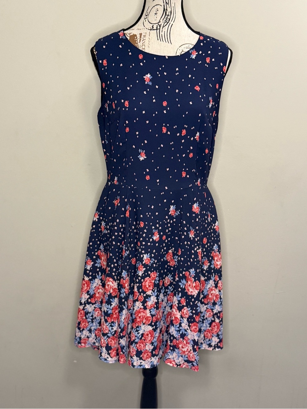 Maison Jules Navy Floral Dress with Pink and Coral Blooms - Size 8